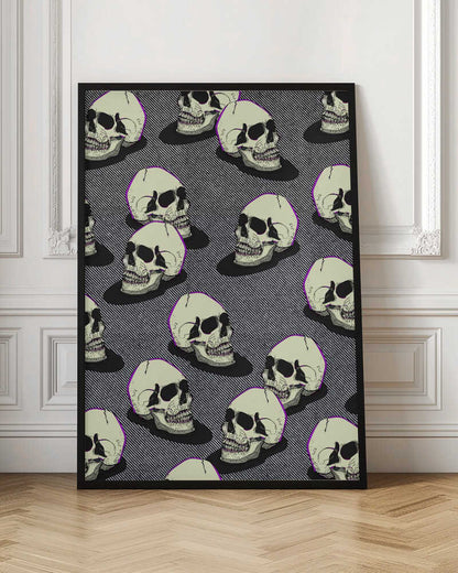 A graphic art print in a black frame featuring a repeating pattern of stylized off-white skulls. The skulls have a thin purple outline and are set against a background of fine black and white diagonal stripes, creating a pop art or comic book effect. Wall Art