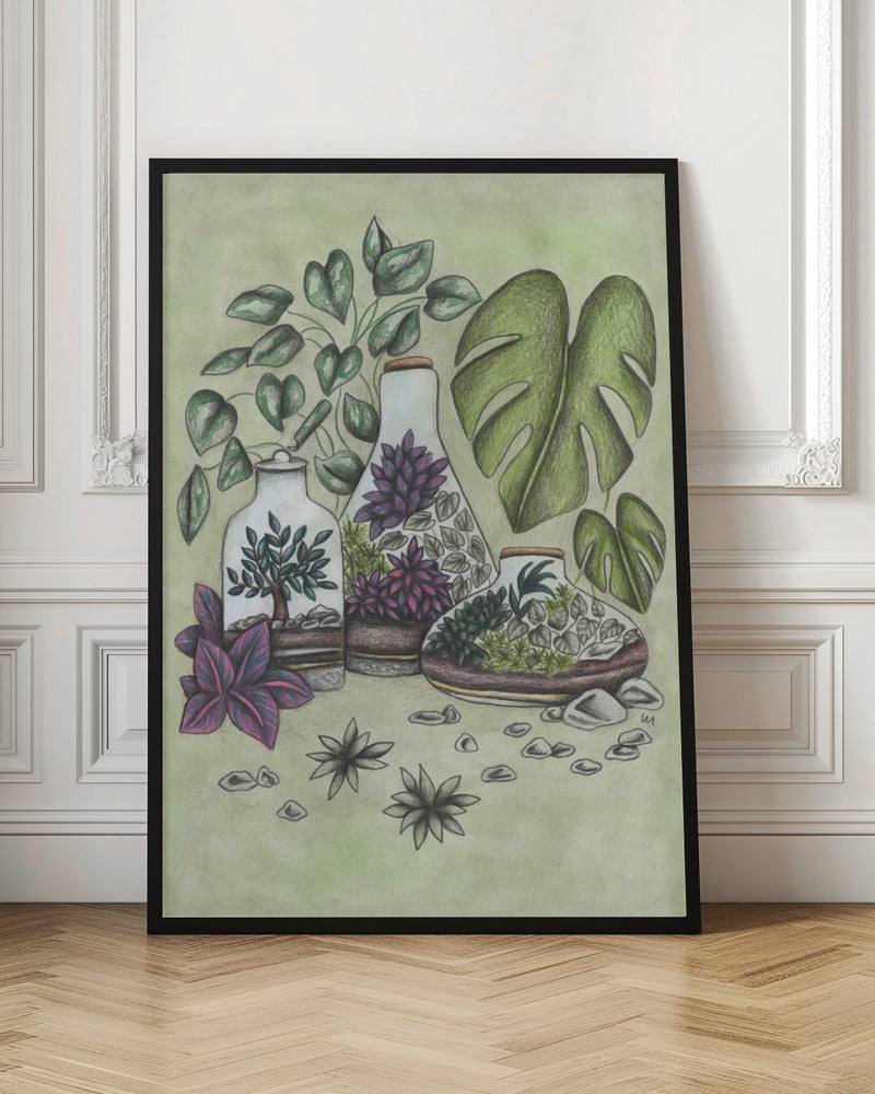 A detailed colored pencil illustration featuring three distinct glass terrariums filled with miniature plants. One terrarium holds a small bonsai-like tree, while the others contain a mix of green and vibrant purple foliage. The scene is surrounded by lush greenery, including large monstera leaves and a vining plant, all set against a soft, pale green background with scattered stones. Artwork
