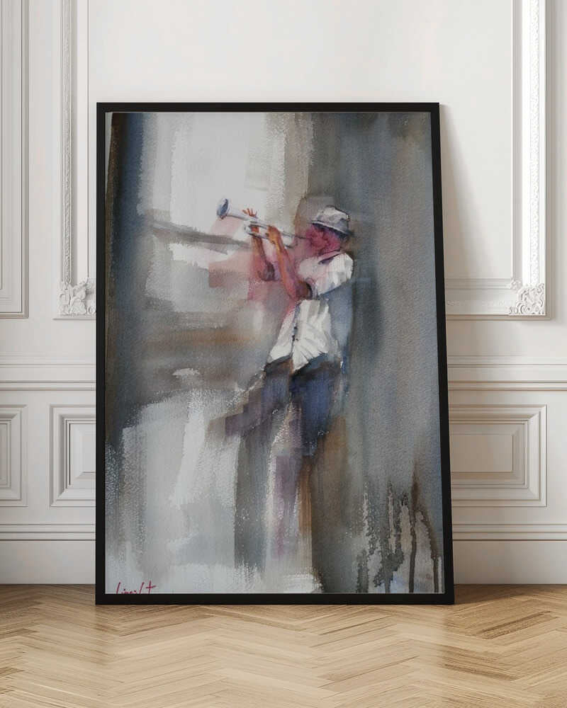 An art print depicting a musician skillfully playing a trumpet. Decor