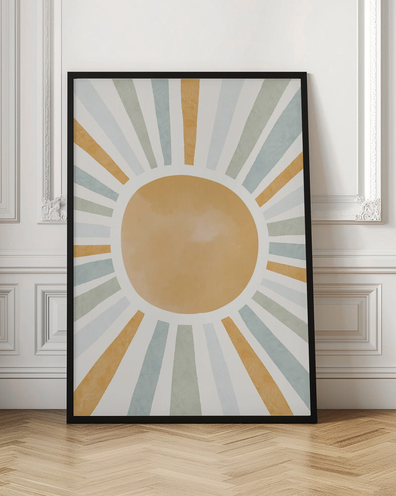 An abstract illustration of a large, mustard-yellow sun with radiating sunbeams. The beams are in alternating colors of yellow, sage green, and light blue, set against an off-white background. Wall Art