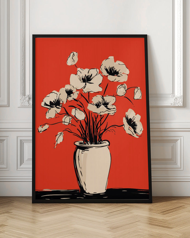 A graphic illustration of a bouquet of cream-colored poppies in a vase against a solid, vibrant red background. The flowers, stems, and vase are rendered with bold, sketchy black lines, creating a high-contrast and modern still-life composition. Print