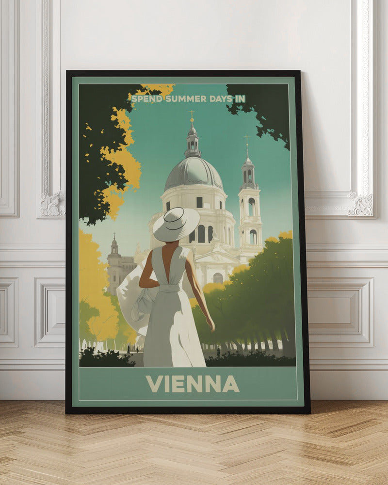 A vintage-style travel poster for Vienna, featuring an illustration of a woman in a white dress and wide-brimmed hat looking at a grand domed building. The scene is framed by green and yellow trees, with text that reads 'Spend summer days in Vienna'. Artwork