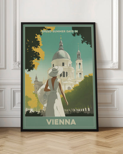 A vintage-style travel poster for Vienna, featuring an illustration of a woman in a white dress and wide-brimmed hat looking at a grand domed building. The scene is framed by green and yellow trees, with text that reads 'Spend summer days in Vienna'. Artwork