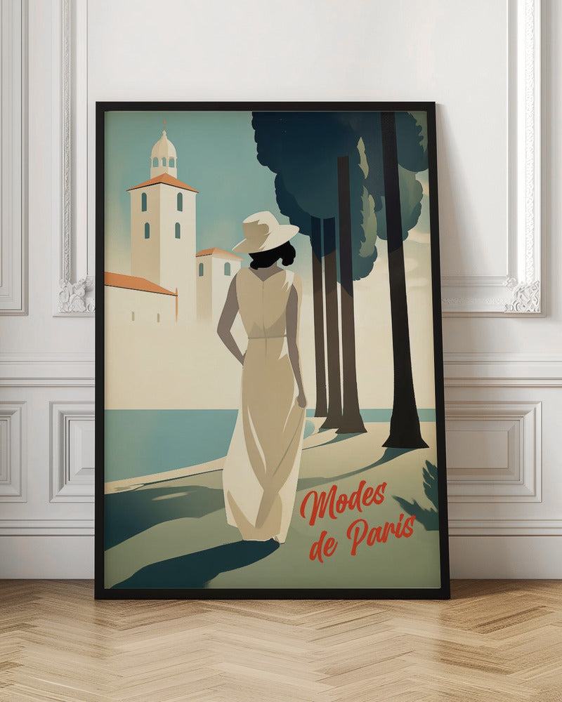 An Art Deco style illustration of a woman in a long cream dress and a white hat, viewed from behind. She stands by a body of water with tall, dark trees to her right and a white coastal building in the background. Red cursive text in the corner reads 'Modes de Paris'. Wall Art