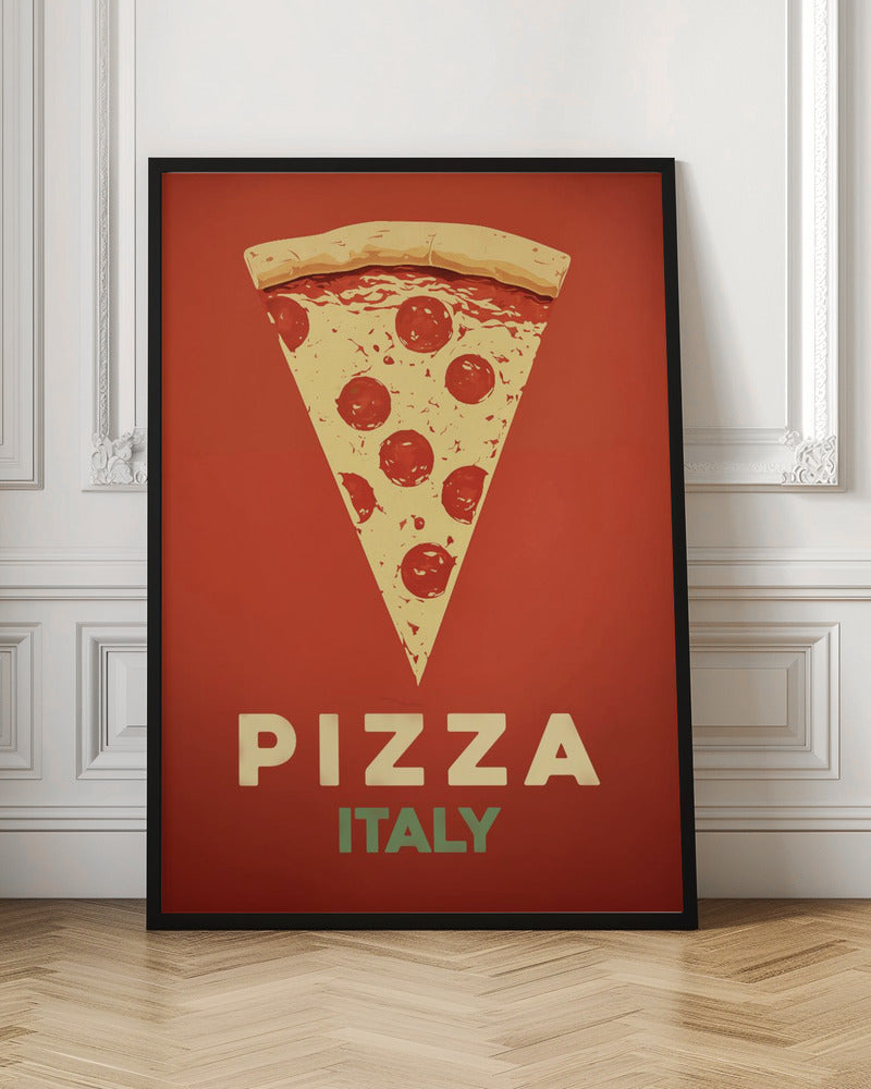 A vintage-style graphic poster featuring a large slice of pepperoni pizza against a solid red-orange background. Below the pizza, the word 'PIZZA' is in large cream letters, with 'ITALY' in smaller green letters underneath. The artwork is presented in a simple black frame. Poster
