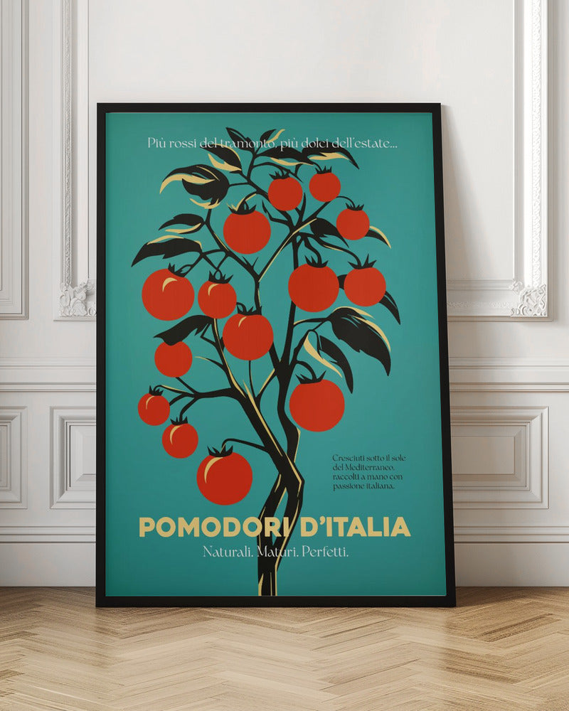 A vintage-style Italian advertisement poster featuring a stylized illustration of a tomato plant with vibrant red tomatoes against a teal background. Italian text at the bottom reads 'POMODORI D'ITALIA'. Print