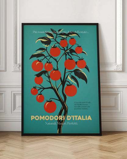 A vintage-style Italian advertisement poster featuring a stylized illustration of a tomato plant with vibrant red tomatoes against a teal background. Italian text at the bottom reads 'POMODORI D'ITALIA'. Print