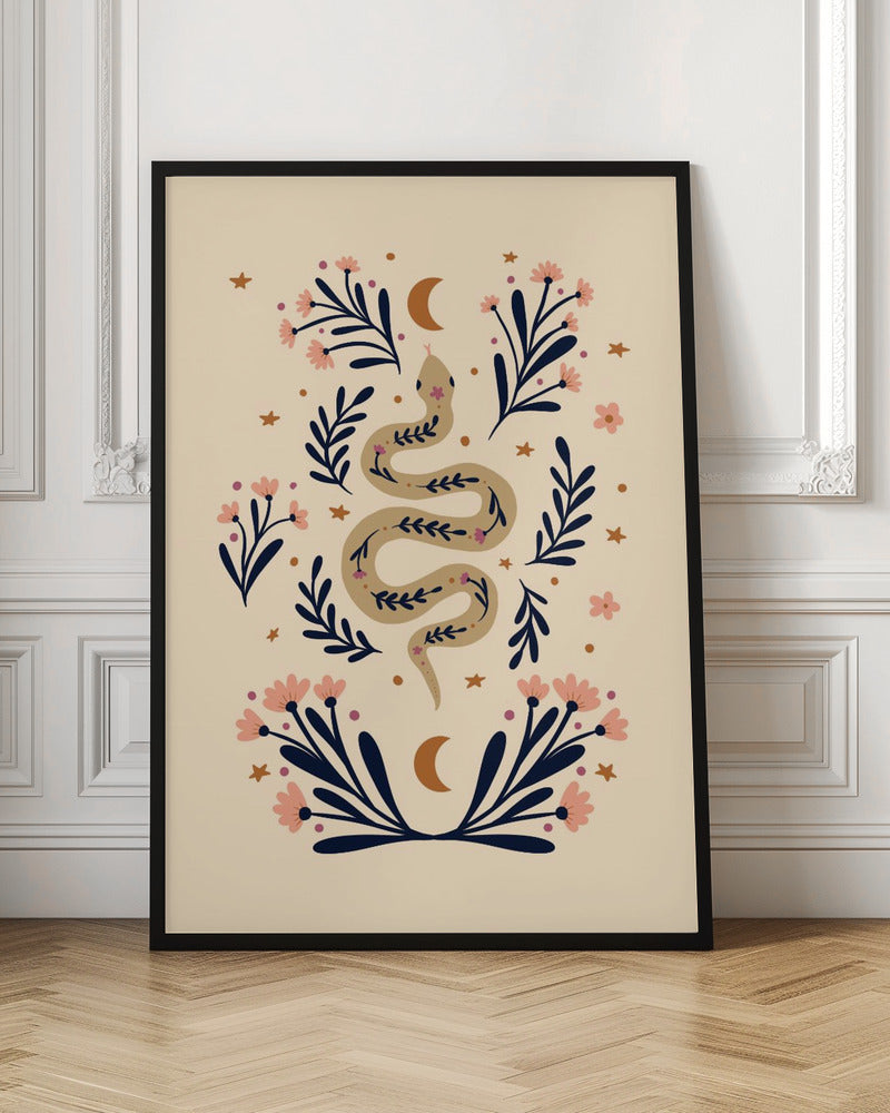 A bohemian-style illustration of a winding tan snake decorated with small flowers, set against a cream background. The snake is surrounded by dark blue foliage, pink blossoms, small gold stars, and two crescent moons, creating a symmetrical and mystical design. Poster