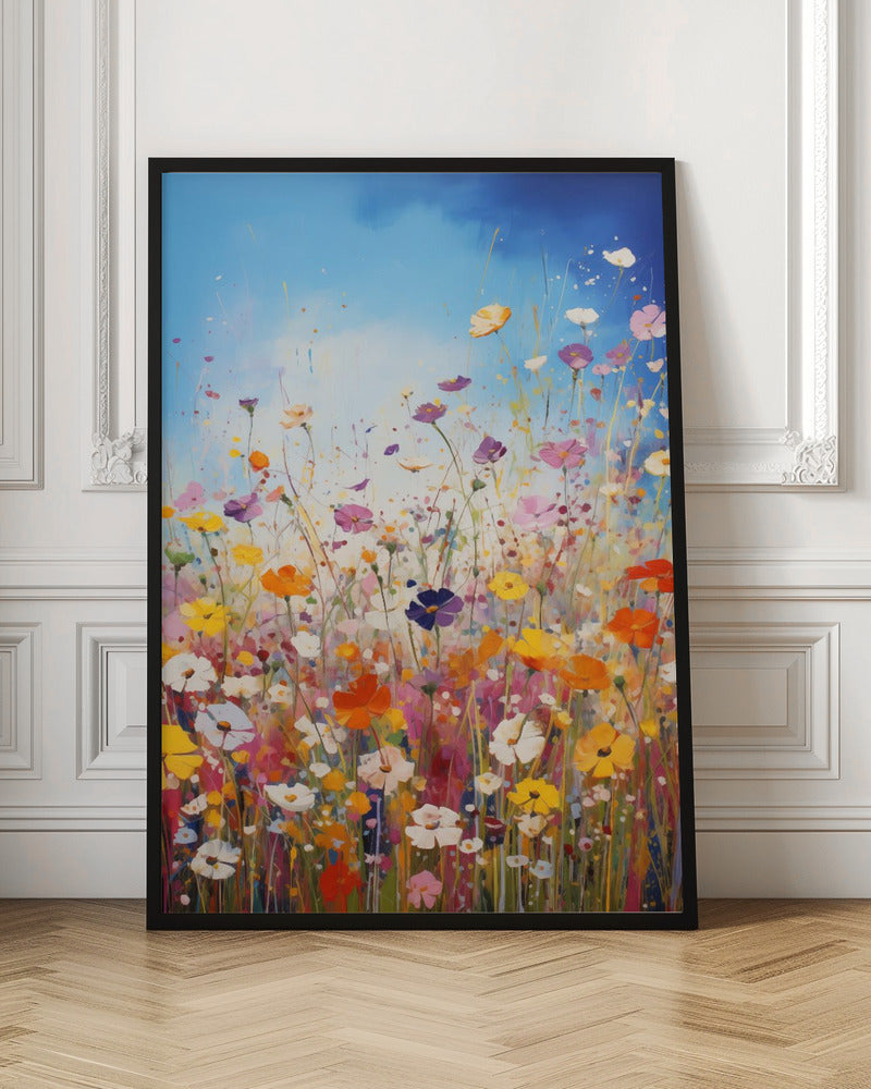 An impressionistic painting of a vibrant wildflower meadow under a bright blue sky, featuring a riot of colors including pink, orange, yellow, and purple, with paint splatters adding to the dynamic composition. The artwork is presented in a black frame. Poster