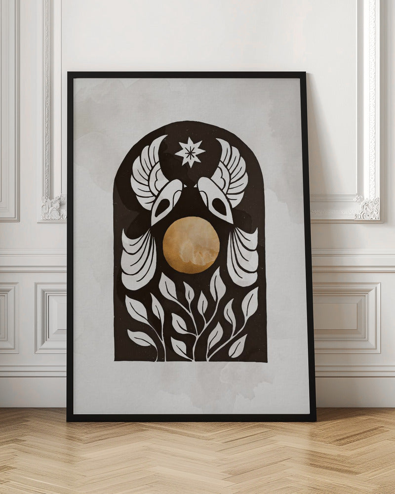 A modern illustration in a black frame featuring a symmetrical design within a black arch. Two stylized white birds face each other over a golden orb, with a white star above them and white foliage below, all on a light, textured background. Print