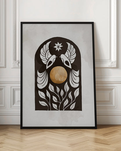 A modern illustration in a black frame featuring a symmetrical design within a black arch. Two stylized white birds face each other over a golden orb, with a white star above them and white foliage below, all on a light, textured background. Print