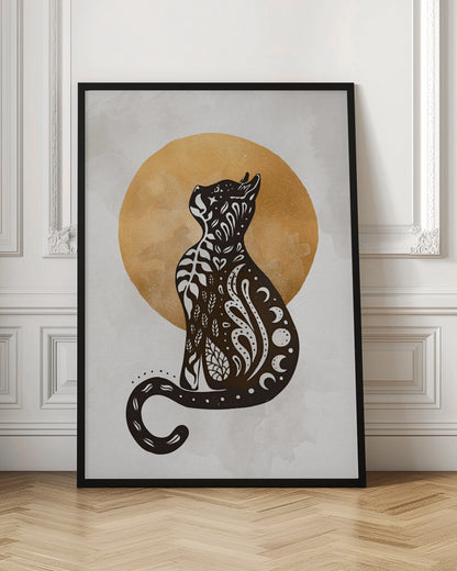 A stylized black cat silhouette sits in profile, looking upwards. Its body is filled with intricate white folk-art patterns of leaves, swirls, hearts, and crescent moons. Behind the cat is a large, textured golden circle against a light grey, watercolor-style background. Artwork