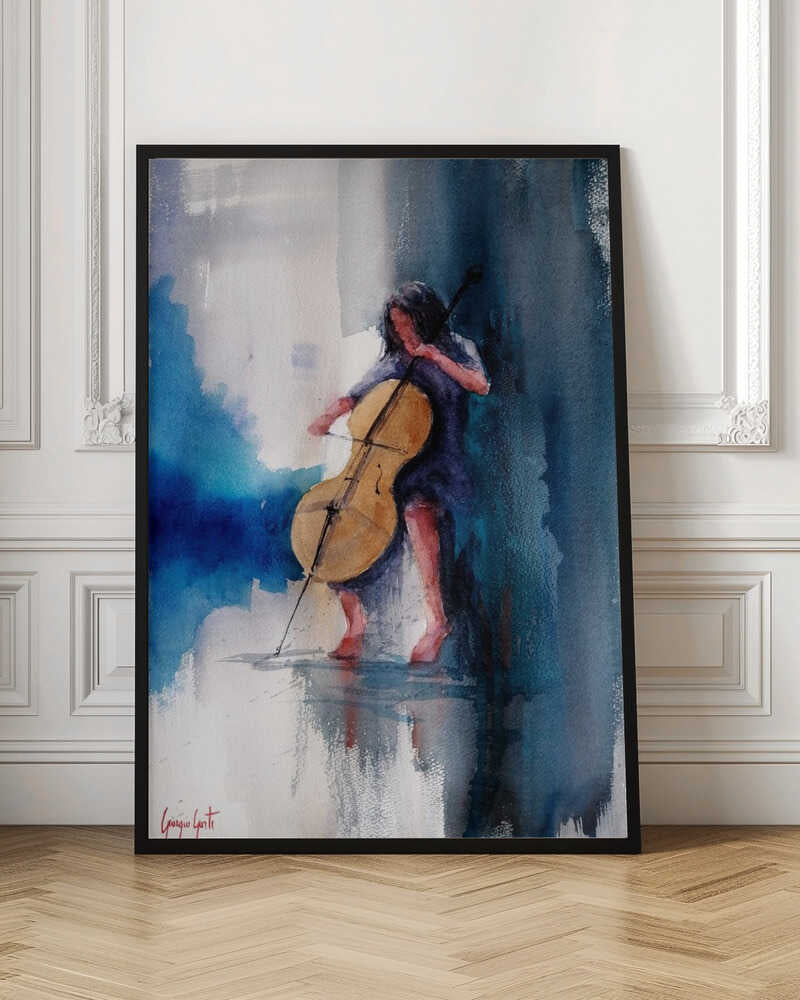 A musician performing a piece on a cello, depicted as an art print or poster. Artwork