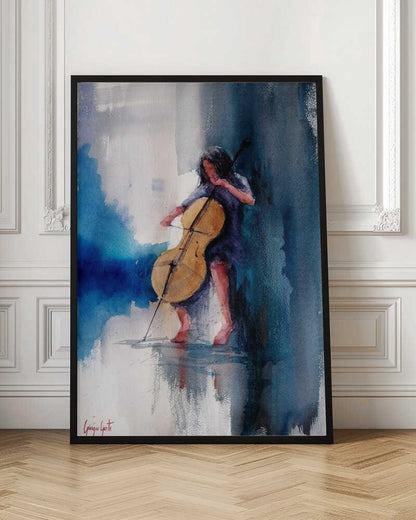 A musician performing a piece on a cello, depicted as an art print or poster. Artwork