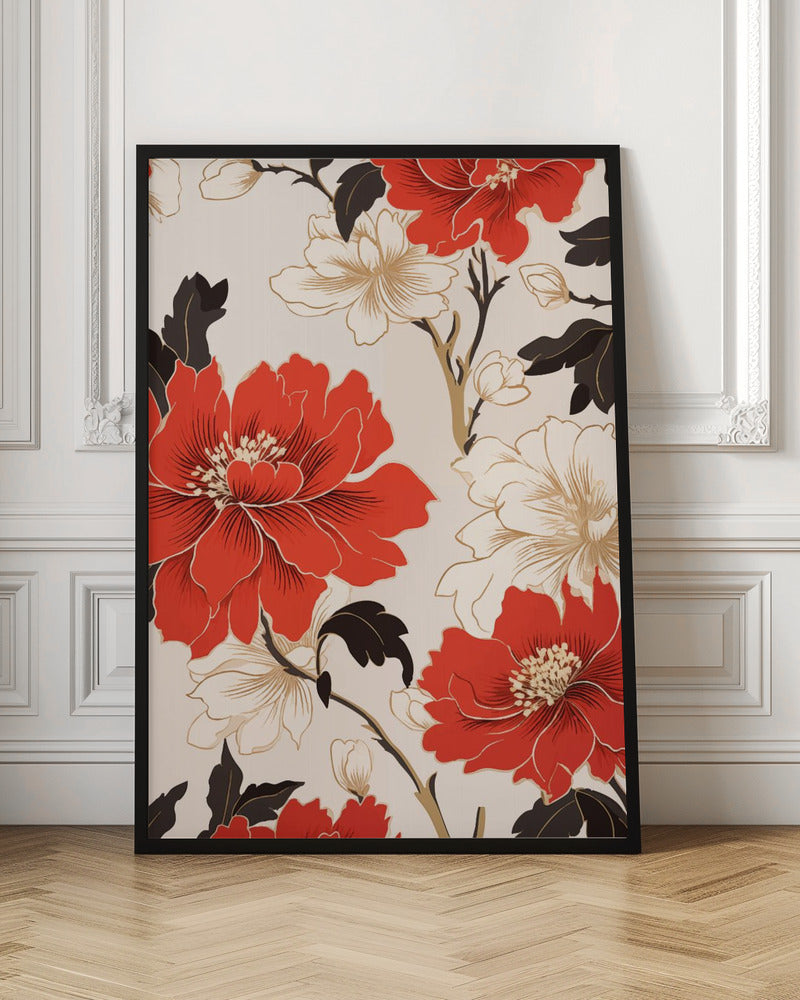 A stylized floral artwork featuring large, bold red flowers and smaller white flowers with gold accents. Dark brown leaves and branches twist across the cream-colored background, creating an elegant pattern. The entire piece is enclosed in a simple black frame. Decor