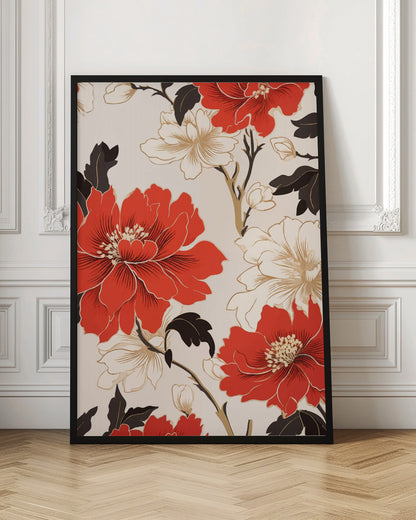 A stylized floral artwork featuring large, bold red flowers and smaller white flowers with gold accents. Dark brown leaves and branches twist across the cream-colored background, creating an elegant pattern. The entire piece is enclosed in a simple black frame. Decor