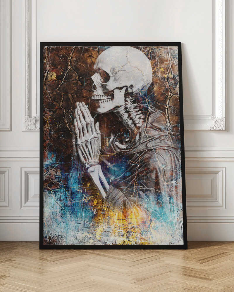 A mixed media artwork of a skeleton from the chest up, in profile, with its hands clasped together in prayer. The background is a heavily textured and cracked dark brown, with abstract splashes of blue and fiery yellow, particularly at the bottom. Wall Art