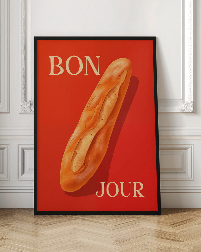 A vintage-style poster with a vibrant red background featuring a realistic illustration of a golden-brown baguette. The French words 'BON' and 'JOUR' are written in a large, cream-colored serif font at the top left and bottom right respectively. Wall Art
