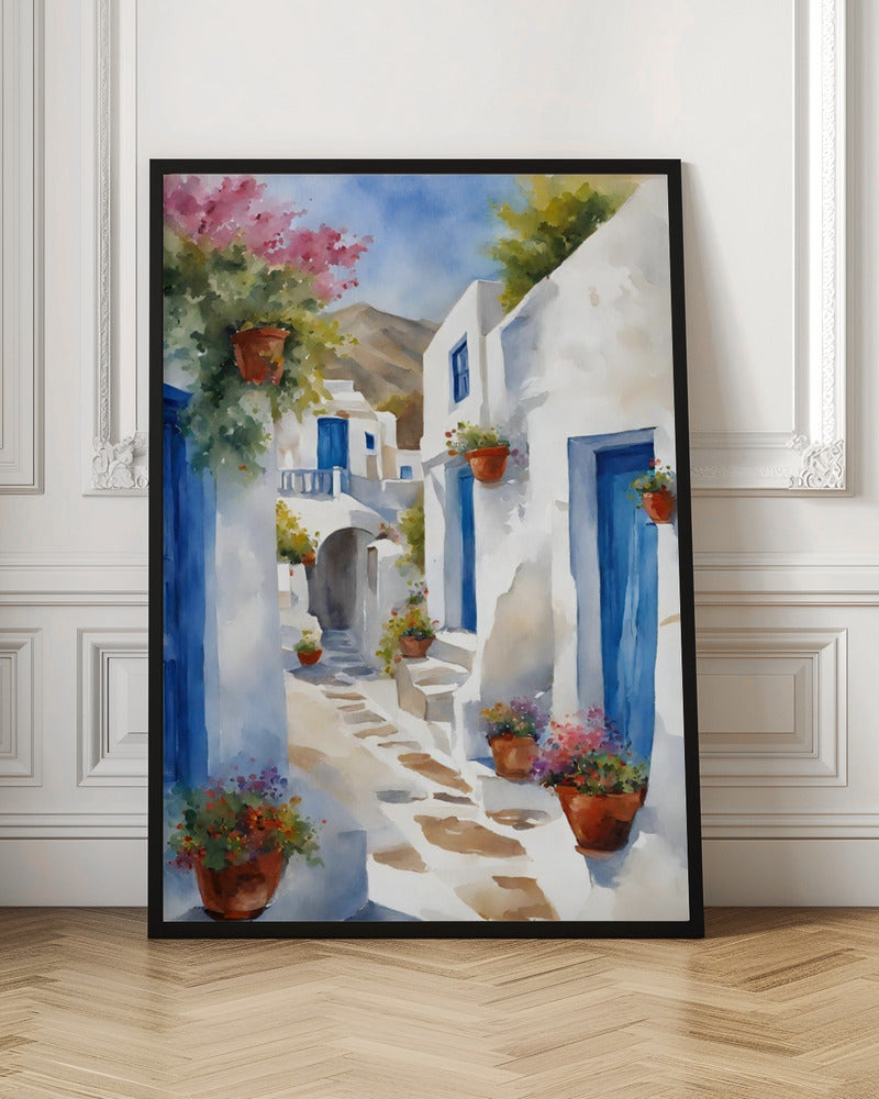 A vibrant watercolor painting of a sunlit alleyway in a Greek island village, featuring whitewashed buildings with iconic blue doors, and colorful flowers in terracotta pots. A mountain can be seen in the distance under a clear blue sky. Poster