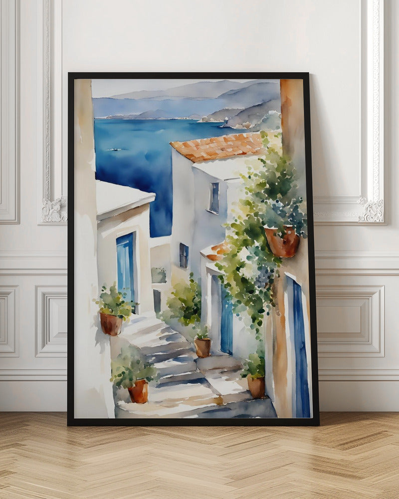 A watercolor painting of a narrow, sun-drenched alleyway in a coastal town. Whitewashed buildings with blue doors and terracotta roofs line the stone steps that descend towards a stunning view of the deep blue ocean and distant mountains. Wall Art