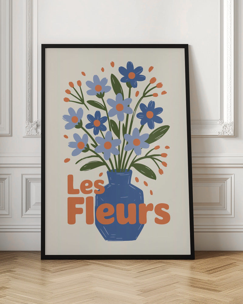 A stylized illustration of a blue vase filled with light and dark blue flowers with orange centers and green leaves. The phrase "Les Fleurs" is written in a bold orange font in the foreground, all set against a cream-colored background and framed in black. Decor