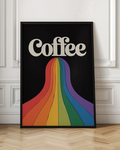 A retro-style poster with a black background featuring the word 'Coffee' in a cream-colored, 1970s-style font. A vibrant, flowing rainbow with stripes of color cascades down from underneath the text. Print