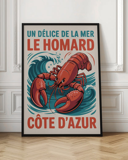 A vintage-style French travel poster featuring a large, red illustrated lobster against a background of stylized blue waves. The text at the top reads 'UN DÉLICE DE LA MER LE HOMARD' and at the bottom 'CÔTE D'AZUR'. Poster