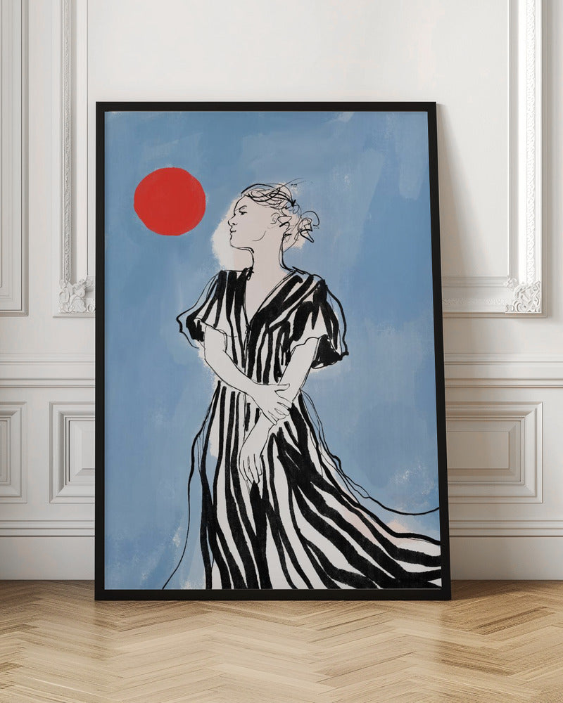 A fashion illustration of a woman in profile against a blue background. She wears a flowing black and white striped dress and her hair is in an updo. A large red circle, like a sun, is in the upper left corner. Wall Art