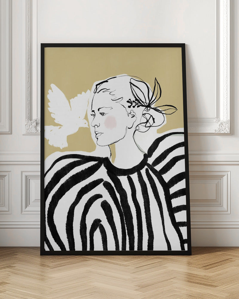 A stylized illustration of a woman in profile against a solid beige background. Her face is a simple black line drawing with a touch of pink blush on her cheek. She wears a bold black and white striped blouse with large, voluminous shoulders. A white, painted silhouette of a dove flies towards her. Wall Art