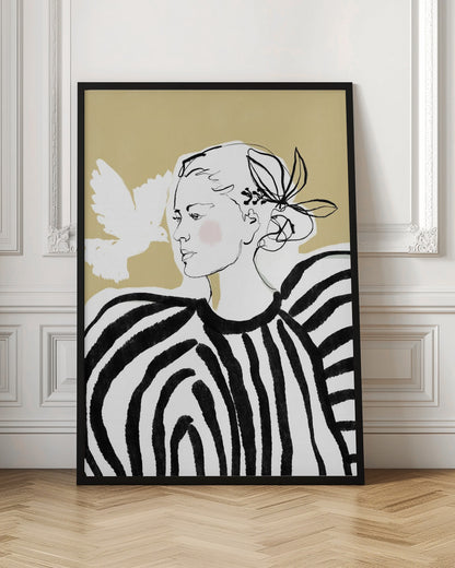 A stylized illustration of a woman in profile against a solid beige background. Her face is a simple black line drawing with a touch of pink blush on her cheek. She wears a bold black and white striped blouse with large, voluminous shoulders. A white, painted silhouette of a dove flies towards her. Wall Art
