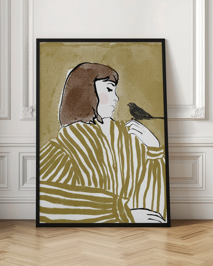 An illustration of a woman with short brown hair, viewed from the side, wearing an olive and white striped blouse. She is looking down at a small black bird perched on her shoulder against a solid textured khaki background. Print