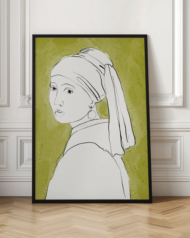 A minimalist line art interpretation of Vermeer's 'Girl with a Pearl Earring'. The portrait is rendered in simple black outlines on a white base, set against a textured olive green background and framed in black. Print