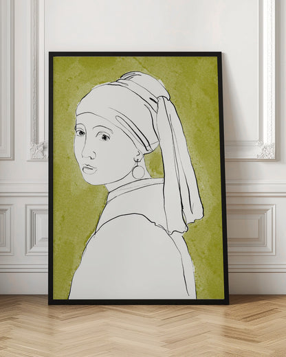 A minimalist line art interpretation of Vermeer's 'Girl with a Pearl Earring'. The portrait is rendered in simple black outlines on a white base, set against a textured olive green background and framed in black. Print