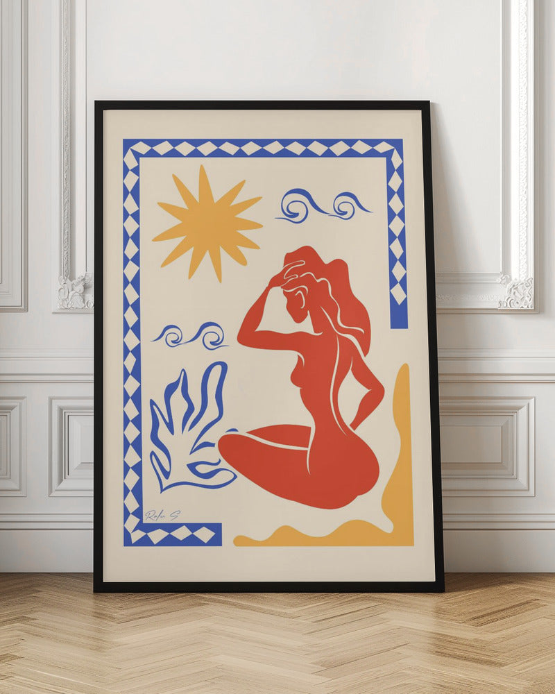 An abstract art print in the style of Matisse featuring a seated red-orange silhouette of a woman gazing outwards. The scene includes a yellow sun, blue stylized waves and a plant on a cream background, all enclosed by a blue and white patterned border. Wall Art