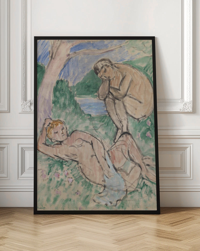 A Fauvist painting by Henri Matisse featuring two nude figures in an idyllic landscape. One figure reclines on a green, flower-dotted lawn in the foreground, while another sits pensively in the background near a body of water with hills beyond, all rendered in loose, expressive brushstrokes. Decor
