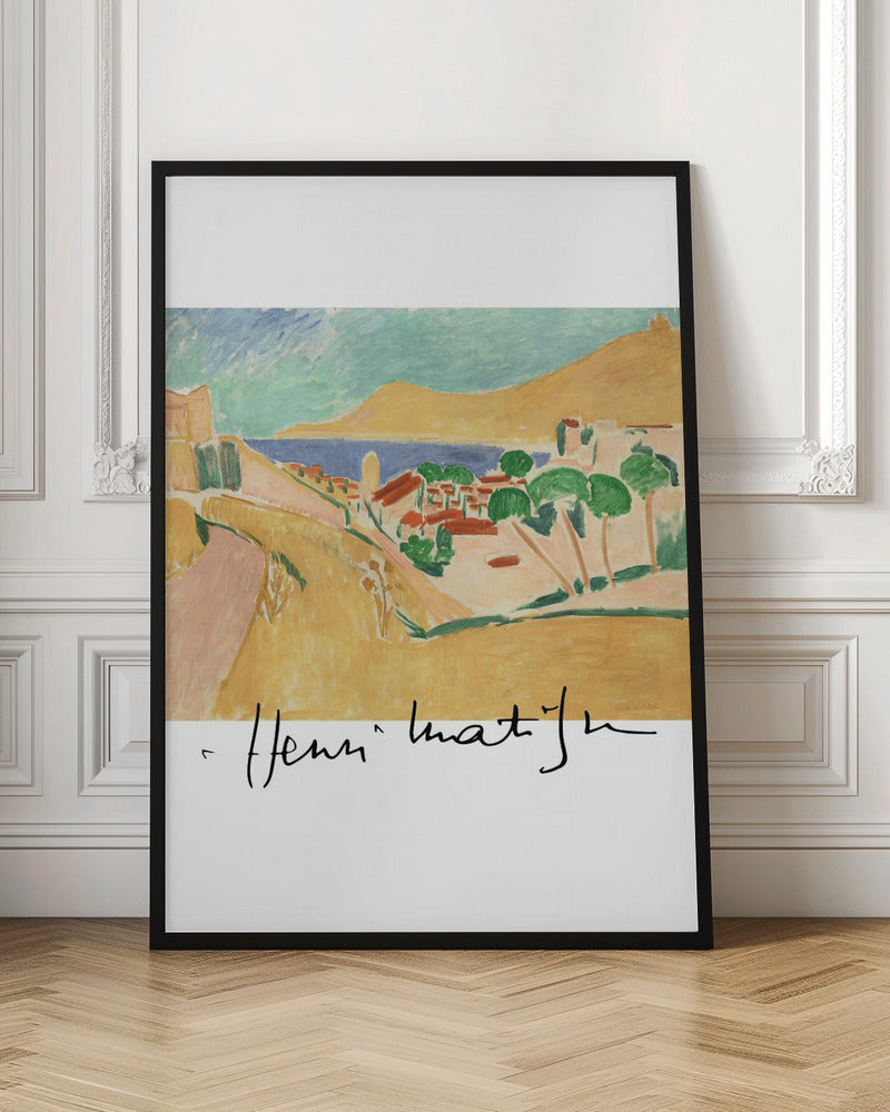 A framed art print of a Henri Matisse painting depicting a colorful coastal landscape in the Fauvist style. The scene features ochre hills, a blue sea, and a village with red-roofed houses and green trees, with the artist's signature at the bottom. Wall Art