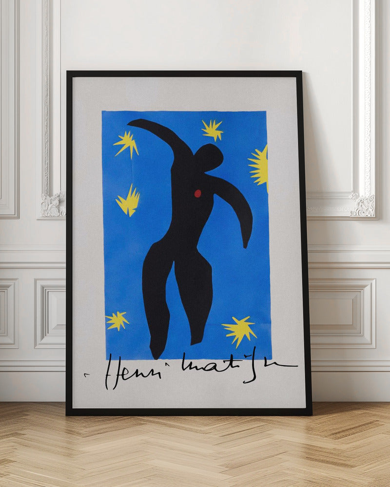 Henri Matisse's 'Icarus,' a framed print featuring a black paper cutout silhouette of a falling figure with a red heart, set against a deep blue background with yellow starbursts. The artist's signature is visible at the bottom. Poster