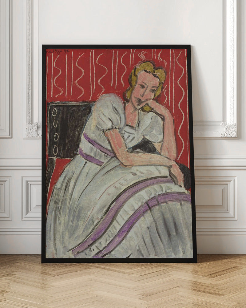 A Fauvist style painting by Henri Matisse from 1942. It features a pensive blonde woman in a white dress with purple stripes, sitting in a black chair against a vibrant red patterned background. She rests her head on her hand, looking thoughtful. Artwork
