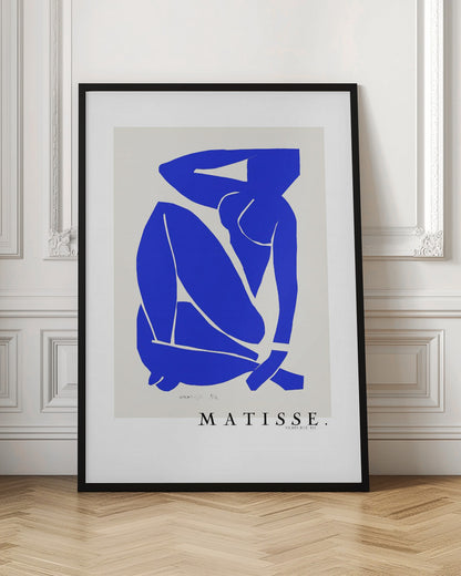 A framed art print of Henri Matisse's 'Blue Nude III', featuring a vibrant blue paper cut-out of a seated nude woman against an off-white background. Poster