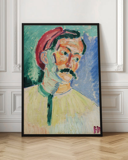 An expressionist portrait painting of a man with a thick black mustache wearing a red cap. His face is painted with a vibrant palette of orange, yellow, and pink, with green and blue used for shadows. The background is a mix of turquoise and deep blue, and the entire piece features heavy, visible brushstrokes. Artwork