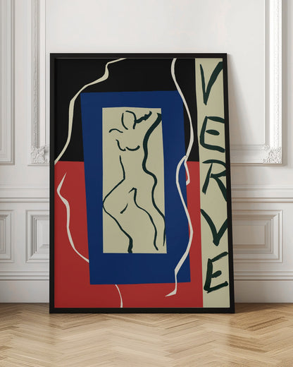 An abstract artwork by Henri Matisse featuring a stylized line drawing of a nude figure on a beige rectangle, which is set against a larger blue rectangle. The background is split between black on top and red on the bottom, with a flowing white line. On the right, the word 'VERVE' is written vertically in black letters. Decor