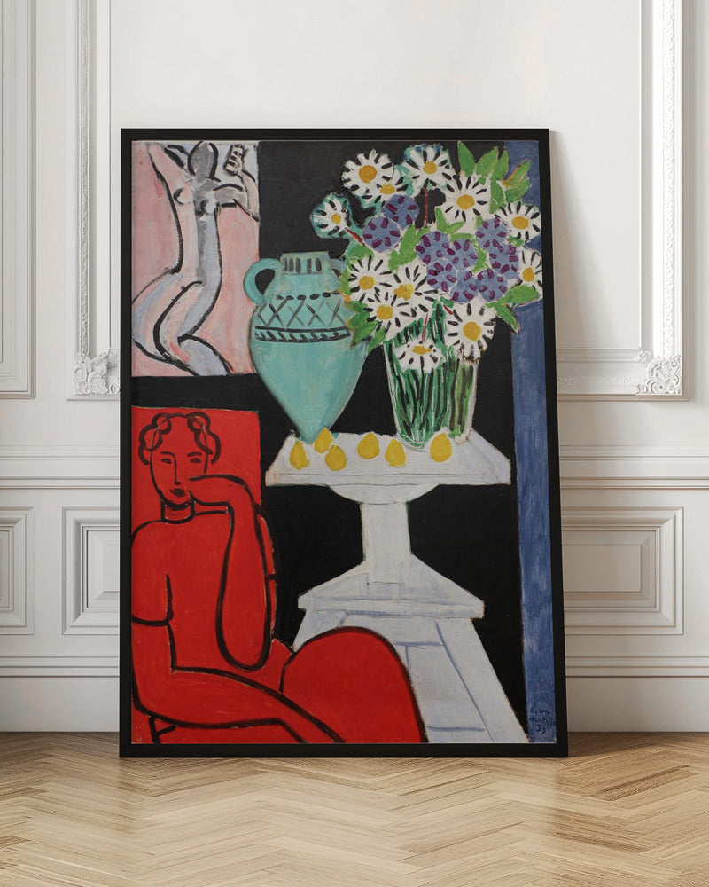 A vibrant Fauvist painting by Henri Matisse. A figure rendered in bold red sits in the foreground. Next to them, a white pedestal table holds a turquoise pitcher, a glass vase filled with white and purple daisies, and several yellow lemons, all set against a stark black background. In the upper left, a smaller picture of a grey nude figure hangs on a pink wall. Poster