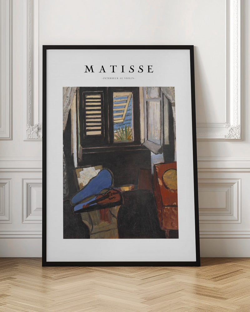 A framed poster of Henri Matisse's painting 'Intérieur au Violon'. The artwork depicts a dimly lit room with a violin resting on its open, vibrant blue case in the foreground. An open window in the background reveals a bright, sunny seascape. Poster
