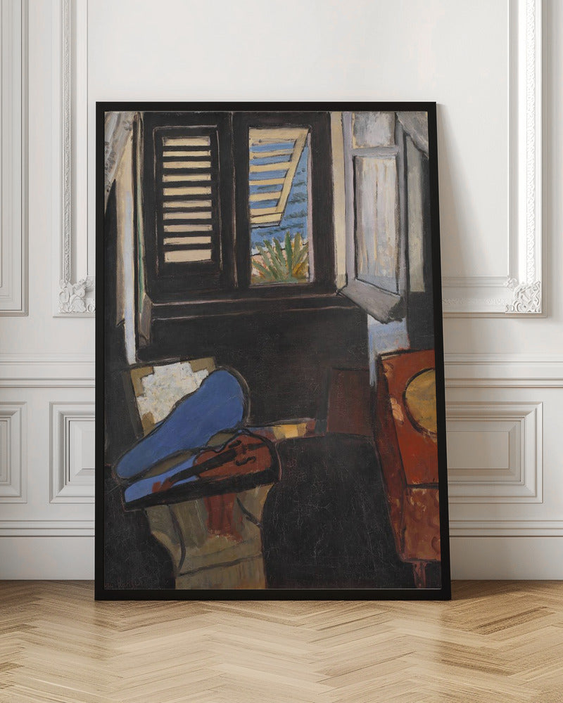 A modernist painting depicting a dark interior scene. In the foreground, a violin rests in its open case, the top of which is a vibrant blue. In the background, a window with dark shutters offers a glimpse of a bright, sunny coastal view with blue sea and green foliage. Wall Art