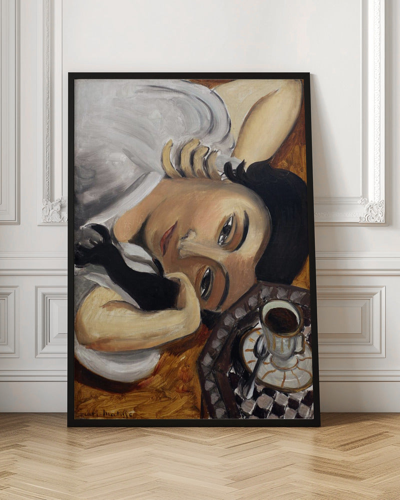 A Fauvist-style painting depicting a woman with dark hair and one black glove, reclining with her head tilted towards the viewer. Next to her is a checkered tray holding a cup of coffee. Poster