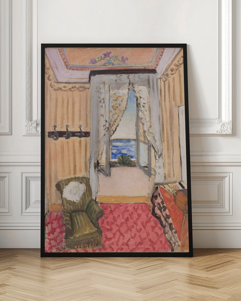 An impressionistic painting of a cozy room with an open window overlooking a bright blue sea. The room is decorated with peach-colored walls, a pink patterned rug, and a green armchair, creating a warm, inviting atmosphere. Print