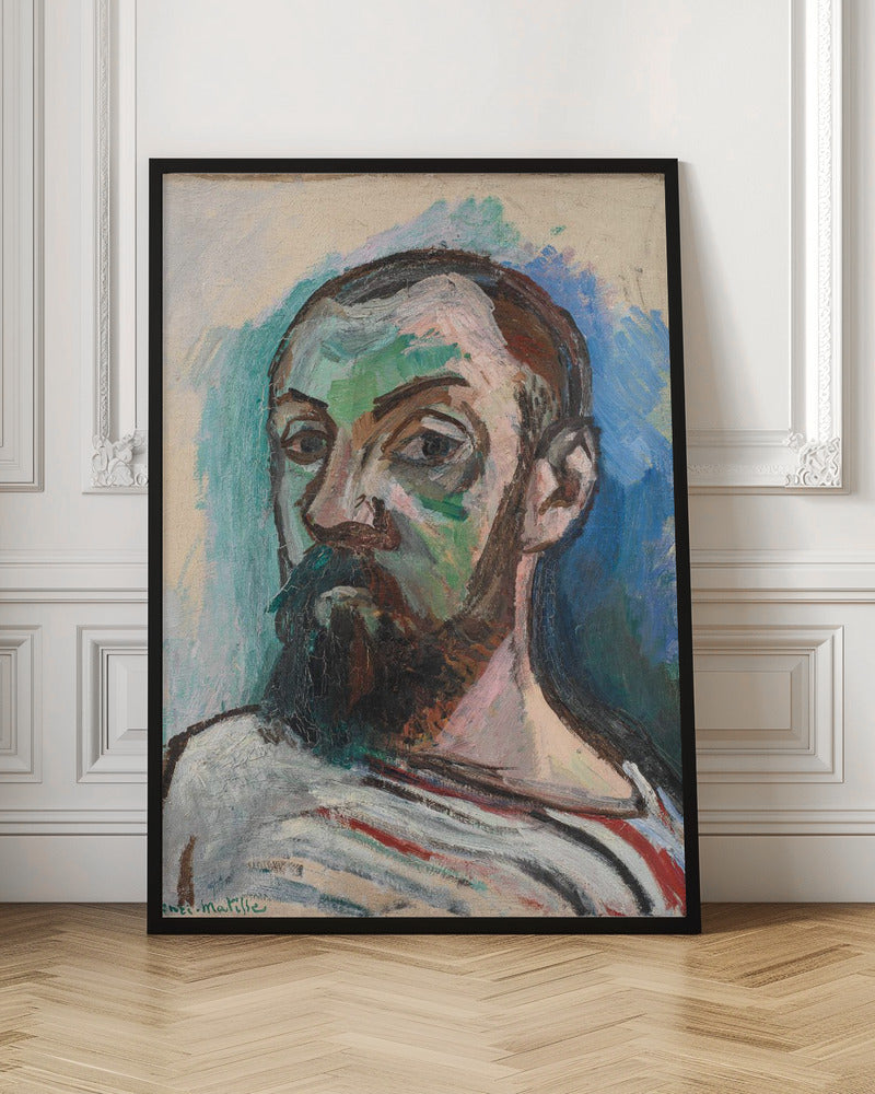 A Fauvist style self-portrait by Henri Matisse, characterized by bold, expressive brushstrokes and non-naturalistic colors. The subject's face is painted with patches of green and pink, and he has a dark beard and mustache. He wears a striped shirt and looks intently forward, against a background of vibrant blue and off-white. Print