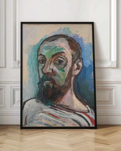 A Fauvist style self-portrait by Henri Matisse, characterized by bold, expressive brushstrokes and non-naturalistic colors. The subject's face is painted with patches of green and pink, and he has a dark beard and mustache. He wears a striped shirt and looks intently forward, against a background of vibrant blue and off-white. Print