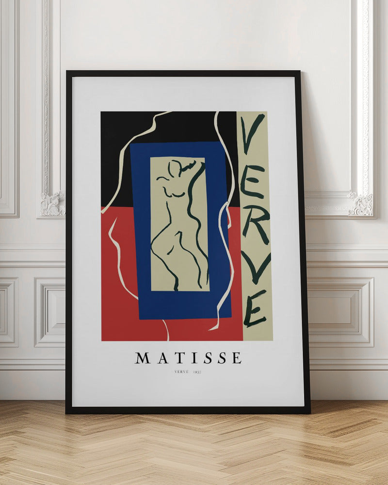 A framed art print of Henri Matisse's 'Verve' from 1937. The abstract composition features bold color blocks of black, red, and blue. In the center is a line drawing of a dancing figure, and the word 'VERVE' is written vertically on the right side. Poster
