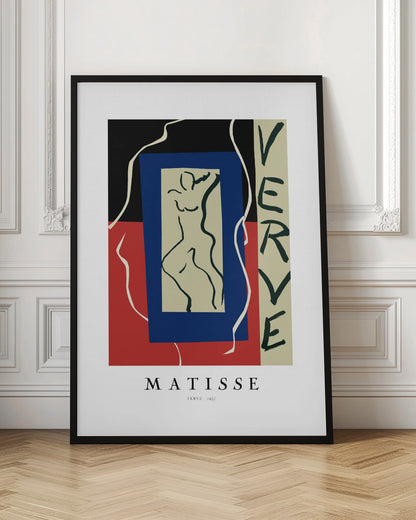 A framed art print of Henri Matisse's 'Verve' from 1937. The abstract composition features bold color blocks of black, red, and blue. In the center is a line drawing of a dancing figure, and the word 'VERVE' is written vertically on the right side. Poster